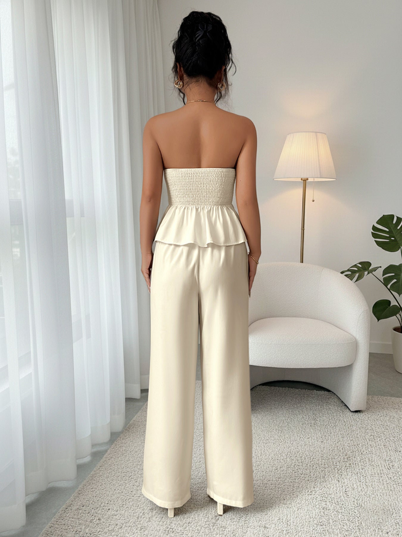 Strapless Button Detail Top and Wide Leg Pants Set