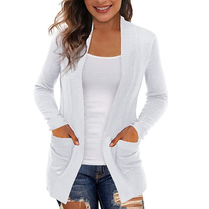 Women's Open Front Knit Cardigan with Pockets Long Sleeve