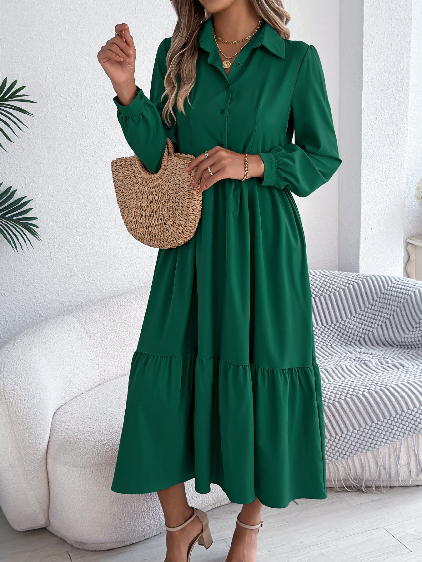 Collared Long Sleeve Tiered Shirt Dress