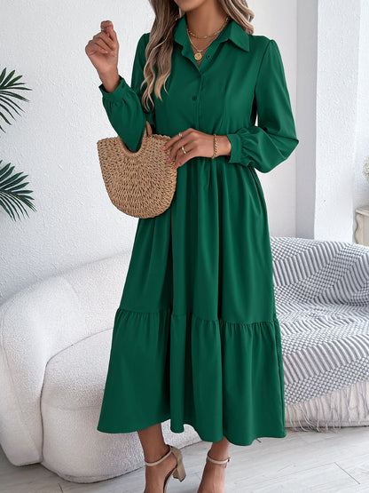 Collared Long Sleeve Tiered Shirt Dress
