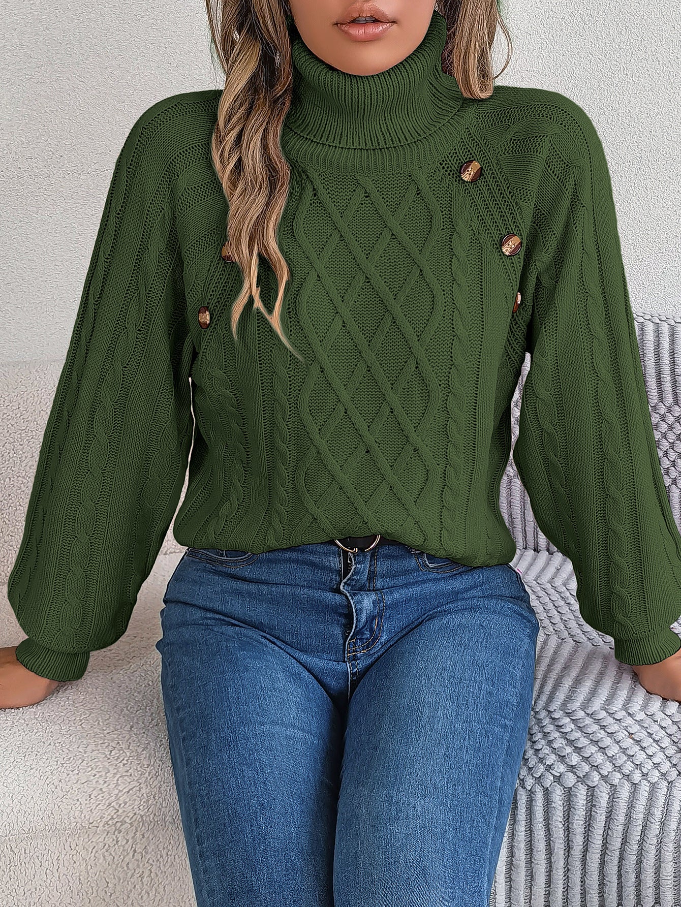 2025 Fall Winter Buttoned Cable Knit Turtleneck Sweater