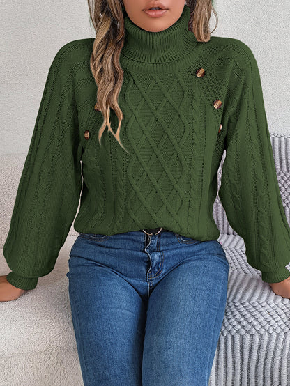 2025 Fall Winter Buttoned Cable Knit Turtleneck Sweater