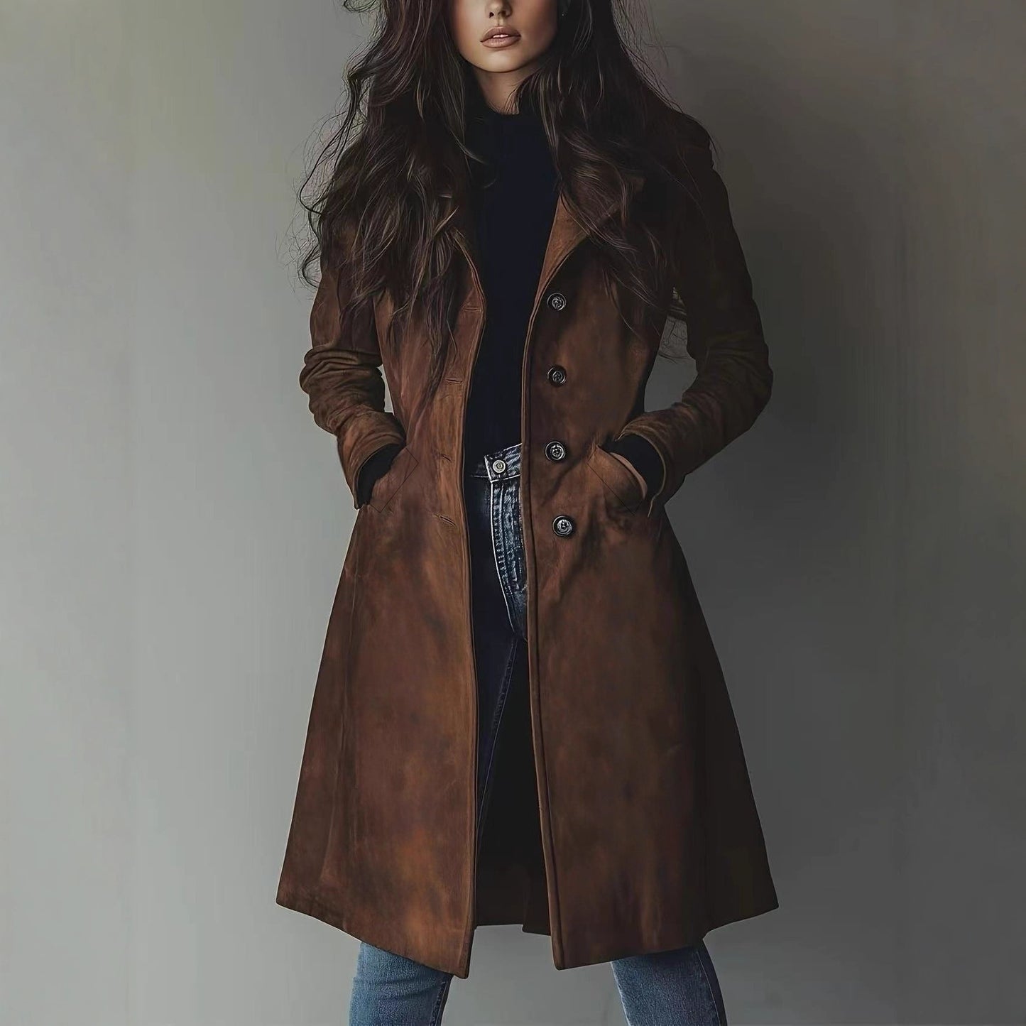 Women's Brown Faux Suede Long Trench Coat