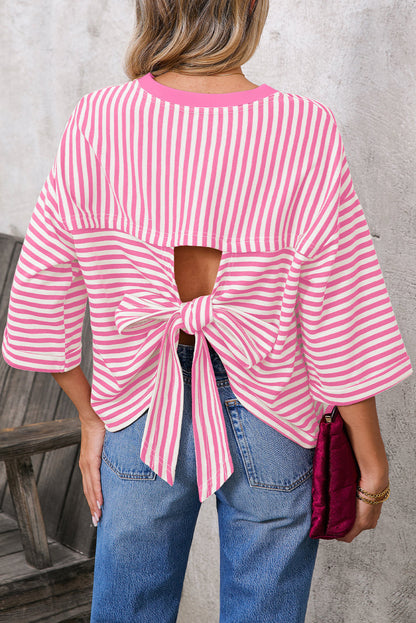 Blue Striped Knit Back Bow Open Back Top Women