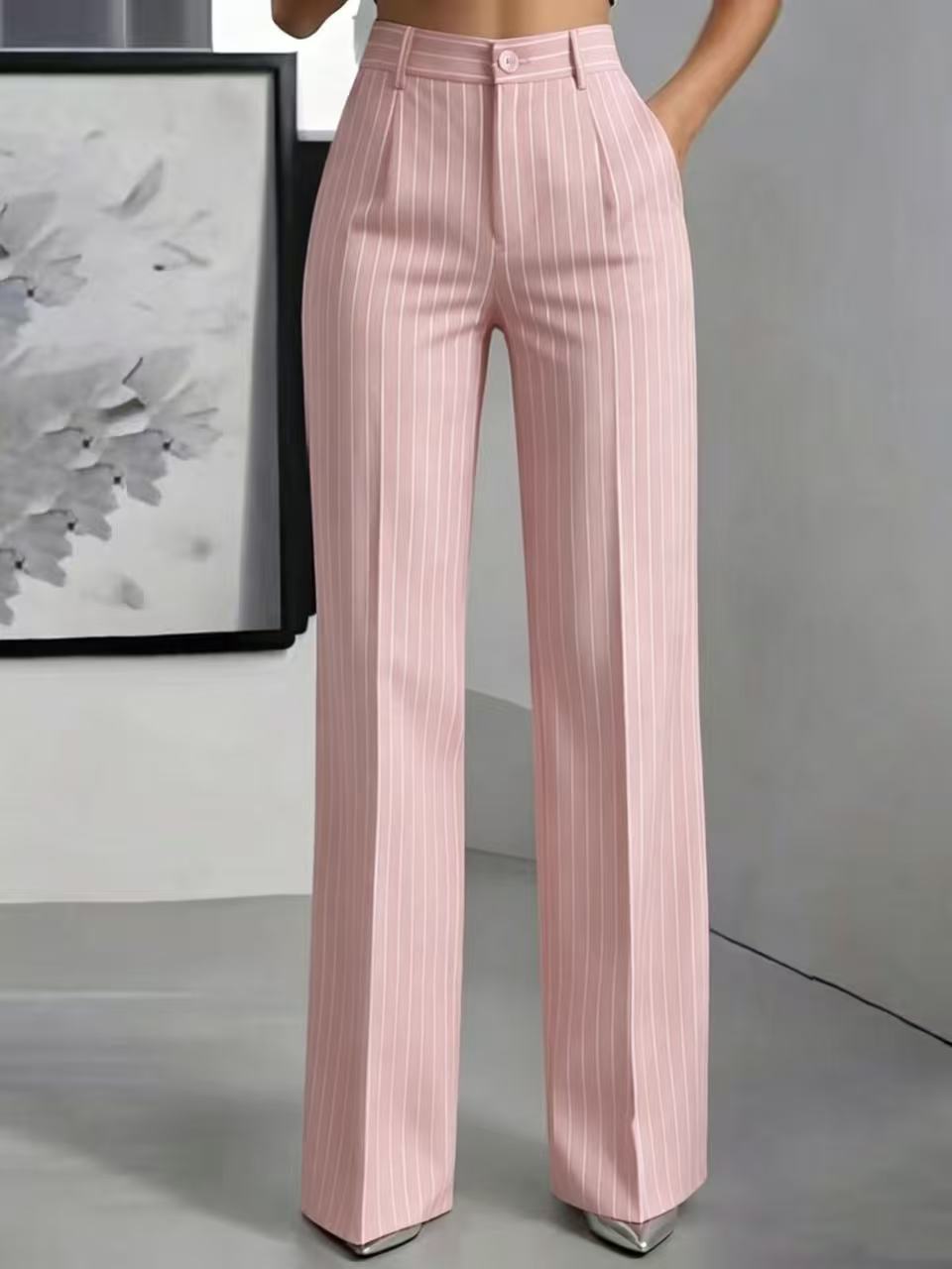 Women's High Waisted Striped Wide Leg Dress Pants