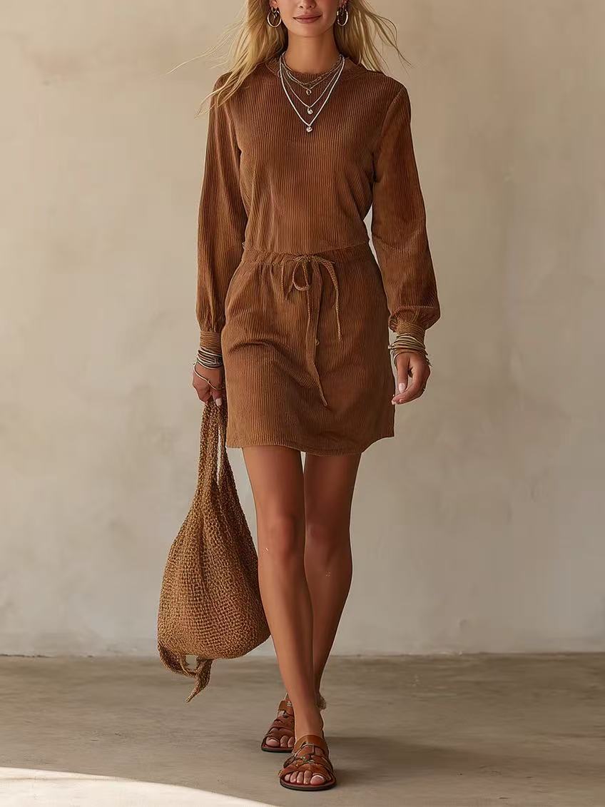 Women's Corduroy Long Sleeve Drawstring Waist Mini Dress
