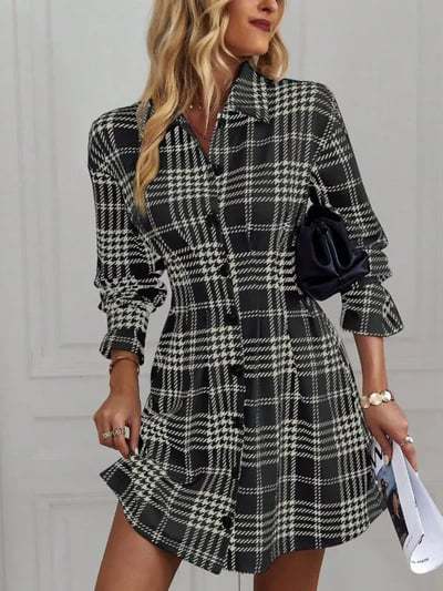 Plaid Button Front Mini Shirt Dress Long Sleeve