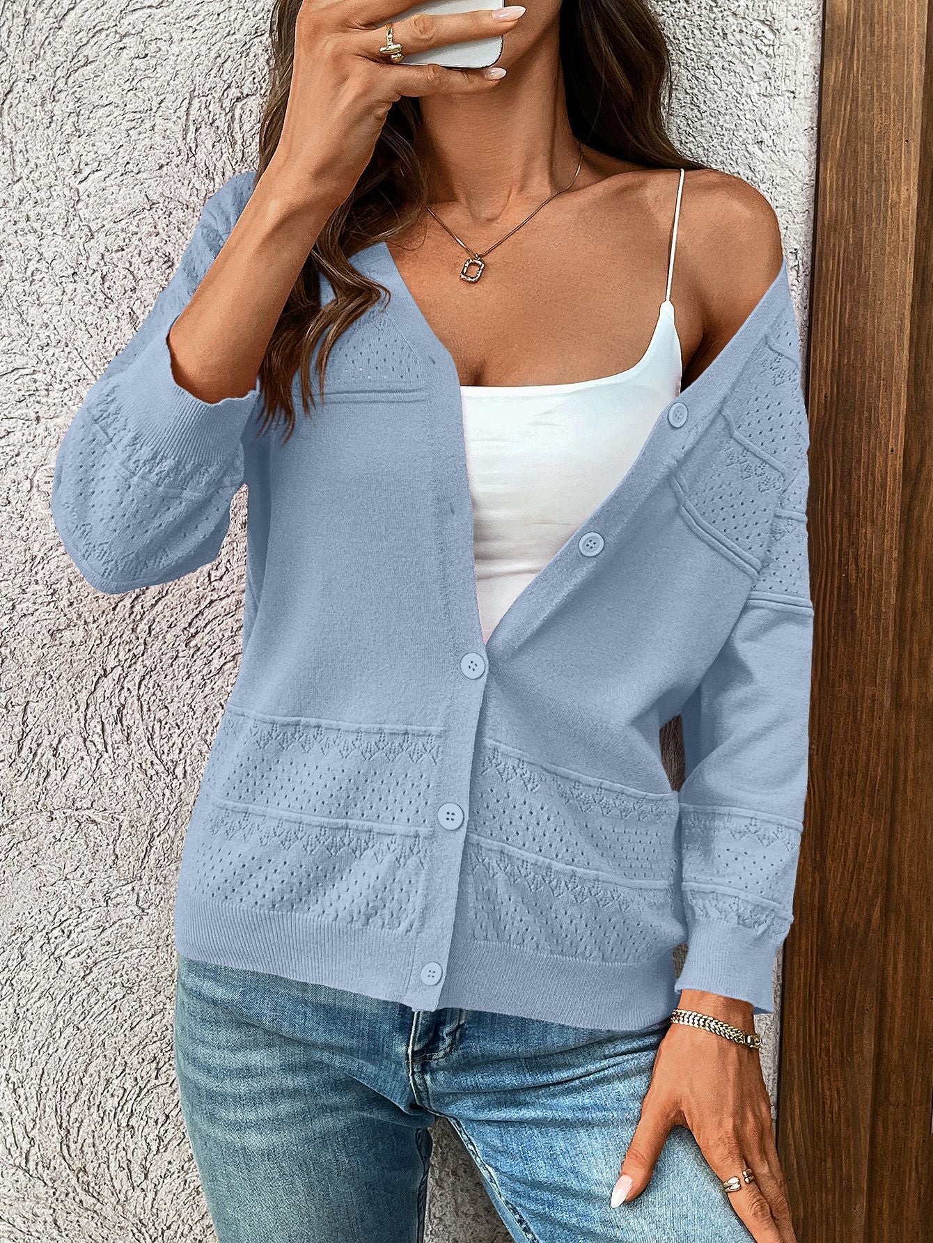 2025 Summer Hollow Knit V-Neck Cardigan with 3/4 Sleeves