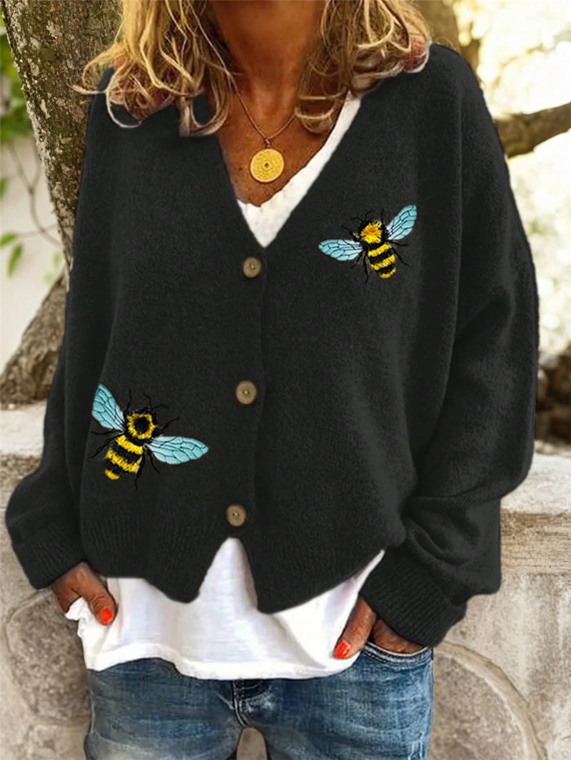 Women's Bee Embroidered V-Neck Button Cardigan Sweater