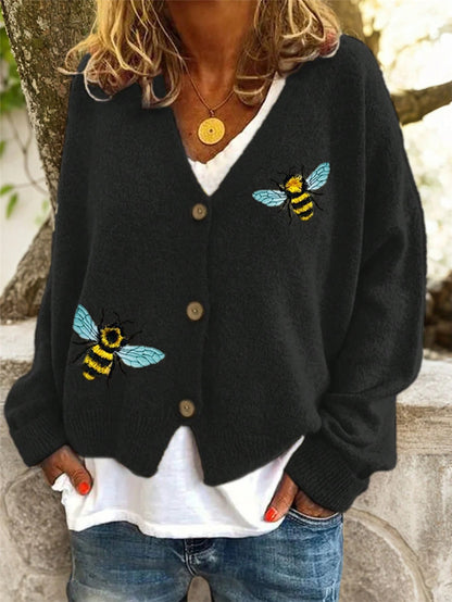 Women's Bee Embroidered V-Neck Button Cardigan Sweater
