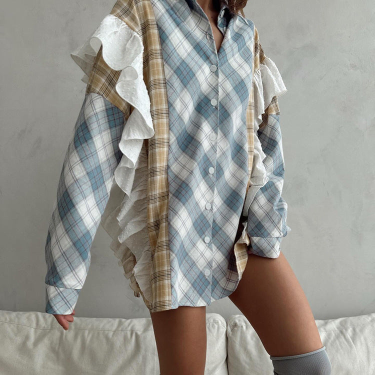 Oversized Plaid Ruffle Patchwork Button Down Shirt