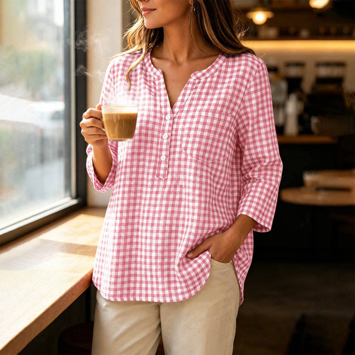 Women's Gingham V Neck 3/4 Sleeve Loose Casual Blouse