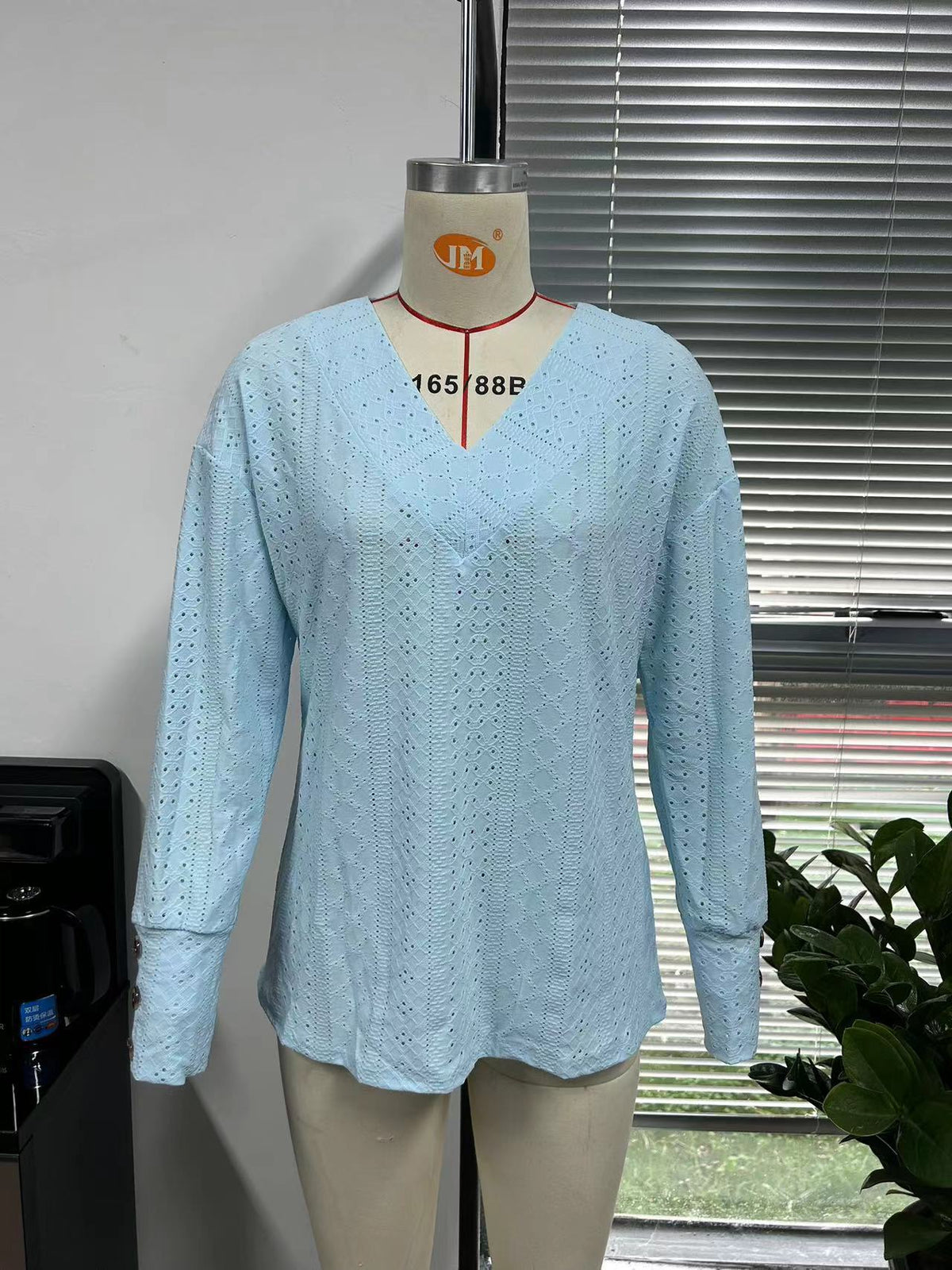 Women's Loose V-Neck Eyelet Long Sleeve Blouse Top