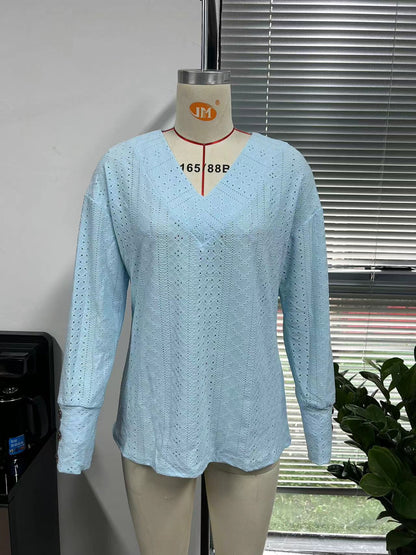 Women's Loose V-Neck Eyelet Long Sleeve Blouse Top