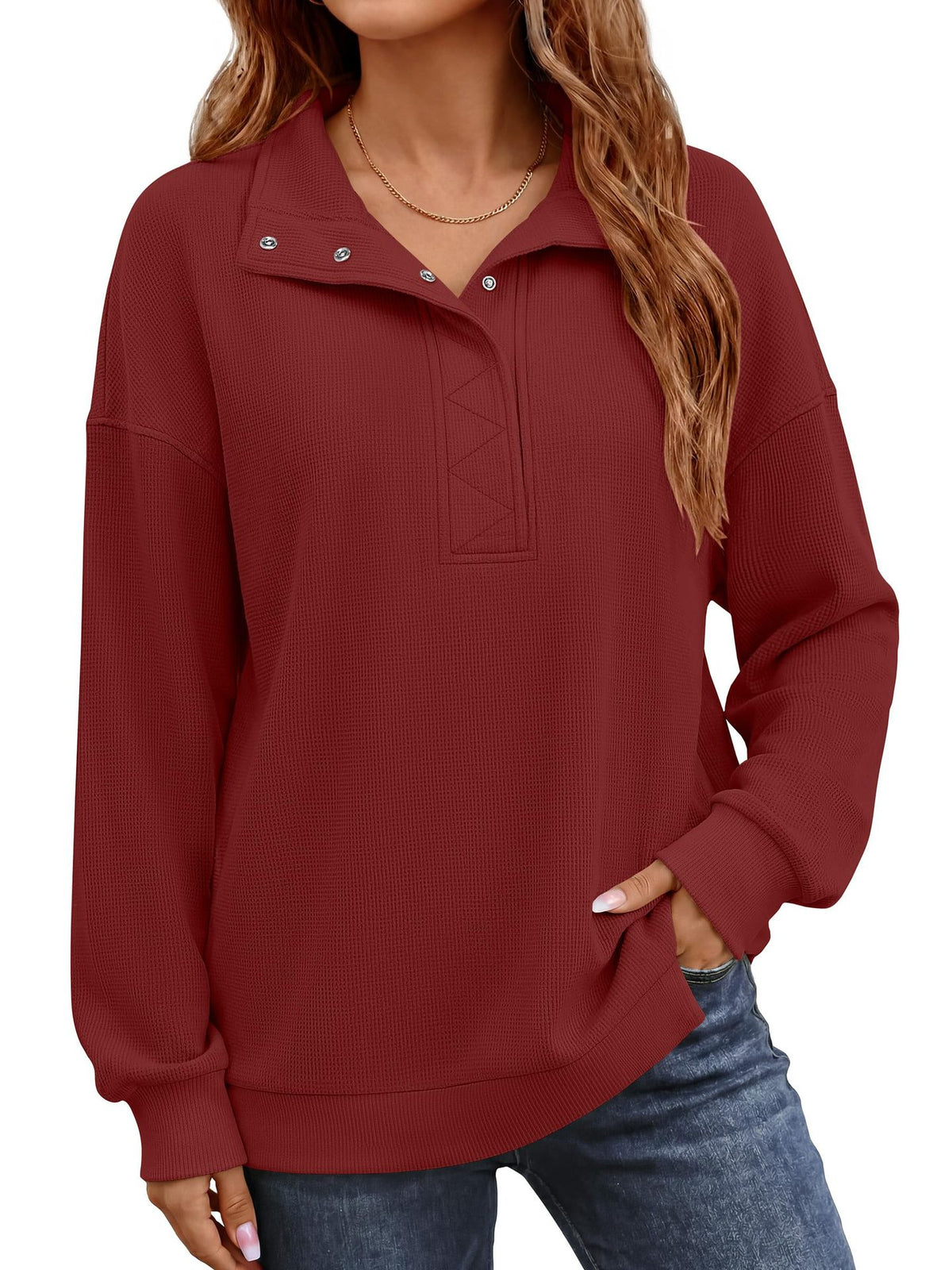 Women's Waffle Knit Oversized Button Pullover Sweatshirt