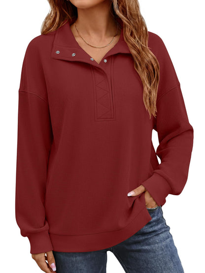 Women's Waffle Knit Oversized Button Pullover Sweatshirt