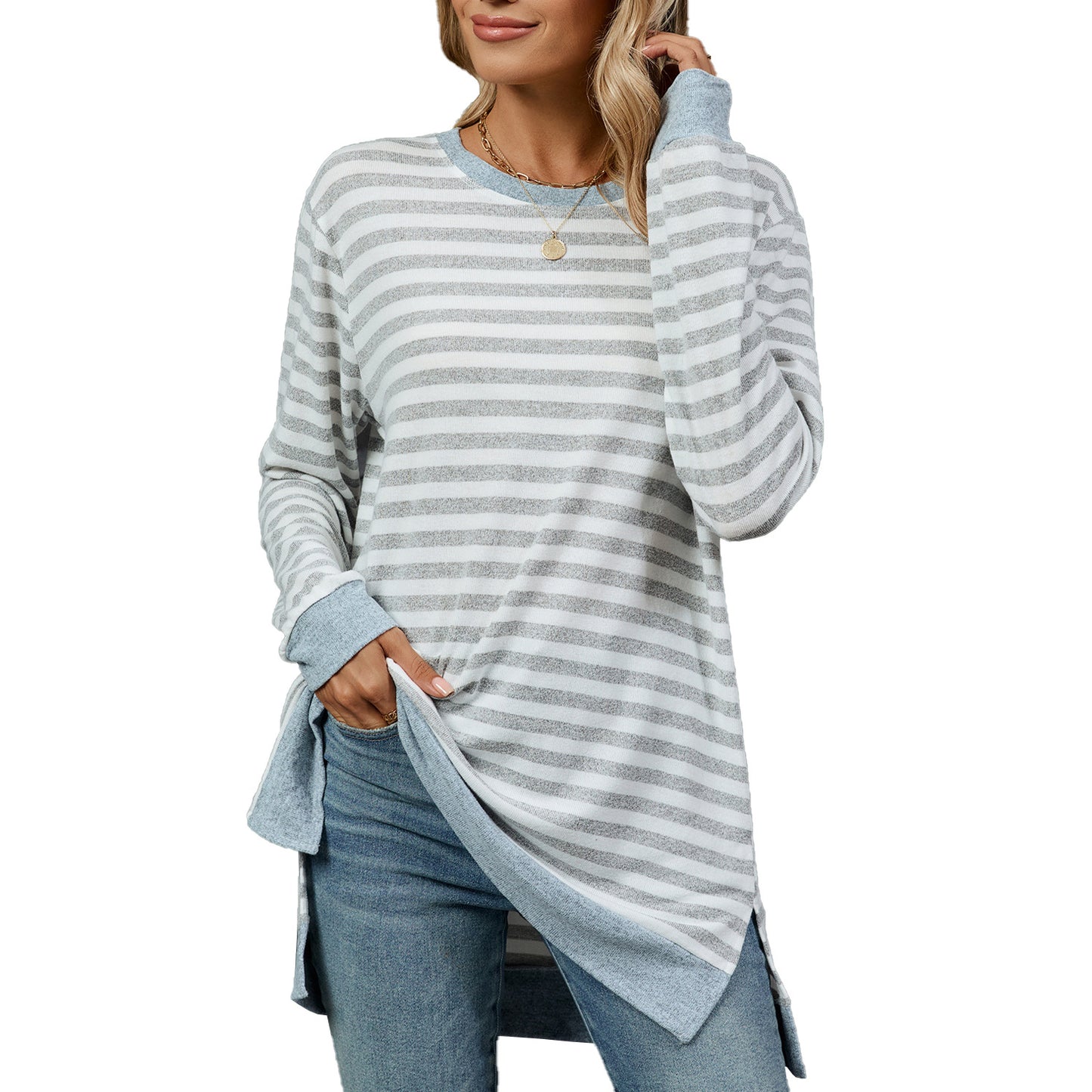 Women's Striped Color Block Oversized Long Sleeve Tunic Top