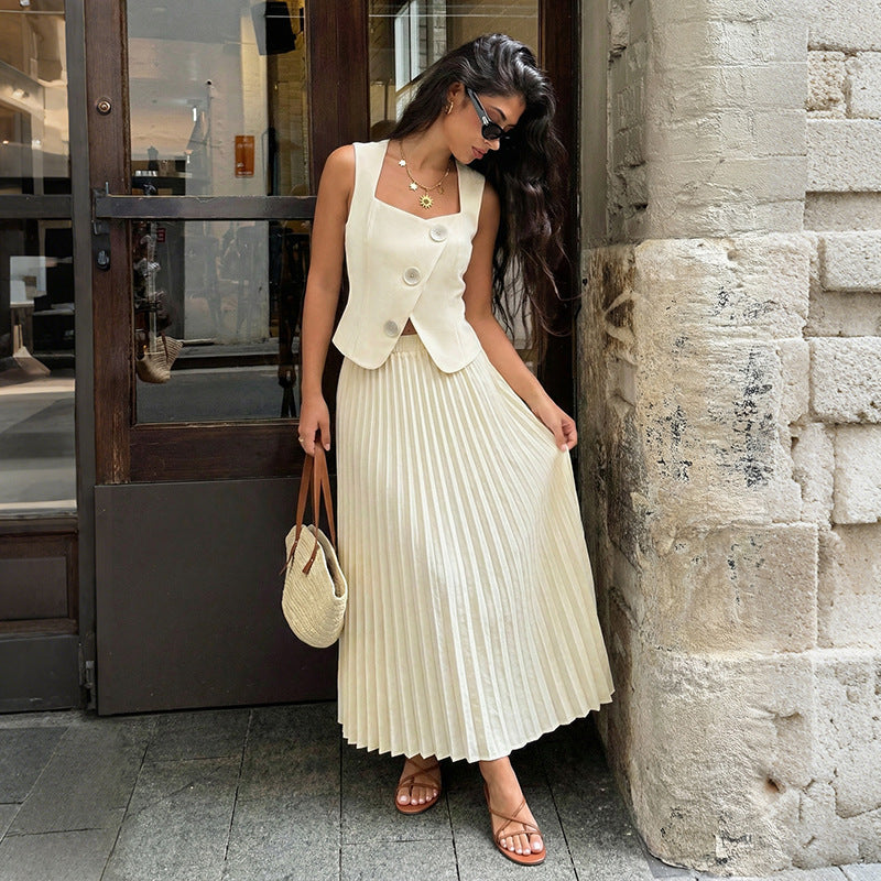 Sleeveless Solid Polyester Dress Set Pleated Summer Outfit