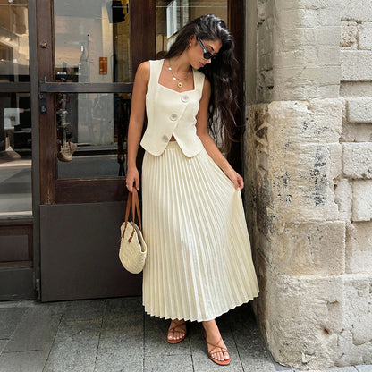 Sleeveless Solid Polyester Dress Set Pleated Summer Outfit