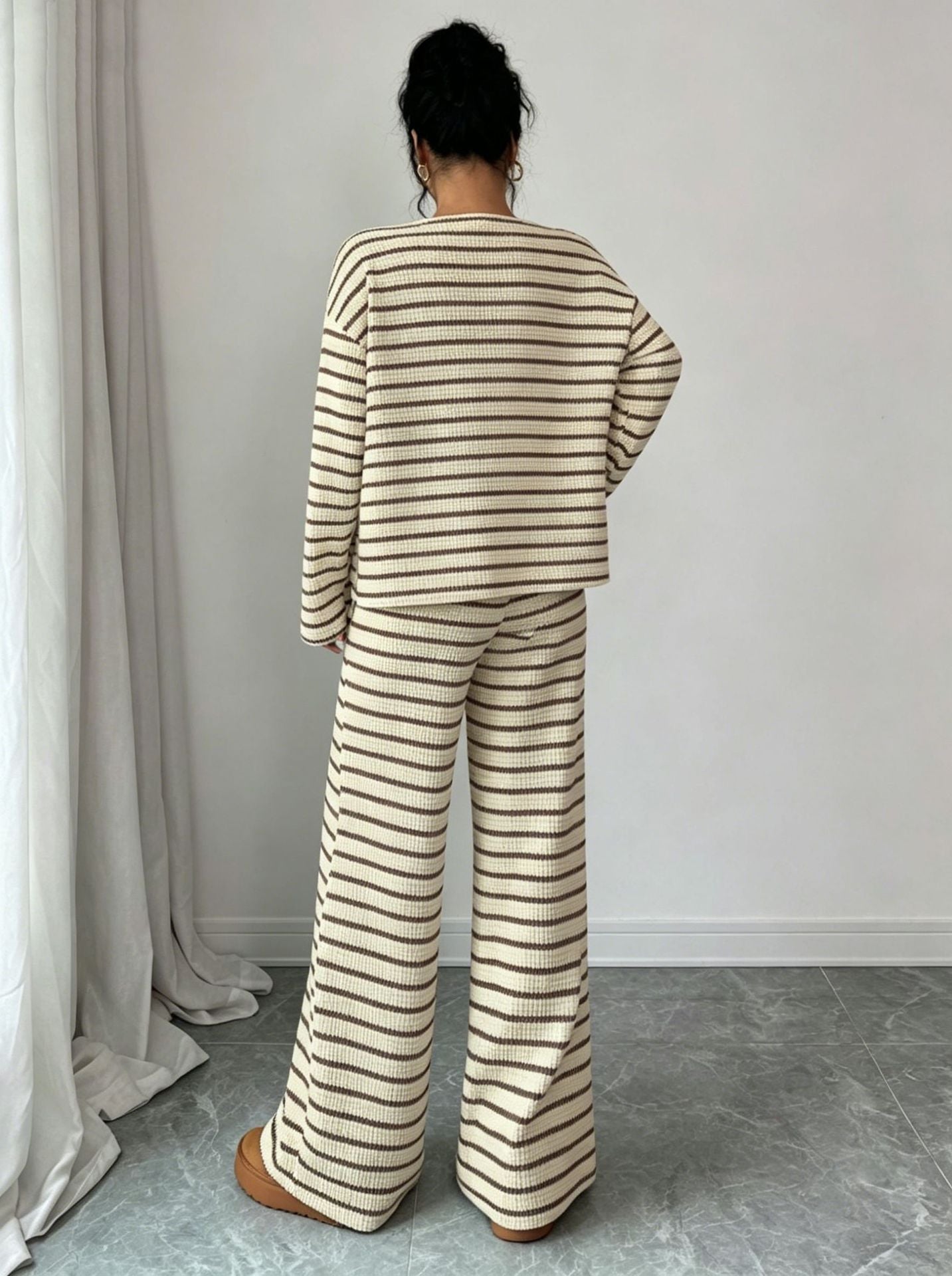 Stripe Knit Lounge Set Crew Neck Top and Wide Leg Pants