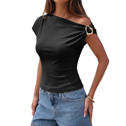 Ribbed One Shoulder Top Metal Buckle Slim Tee
