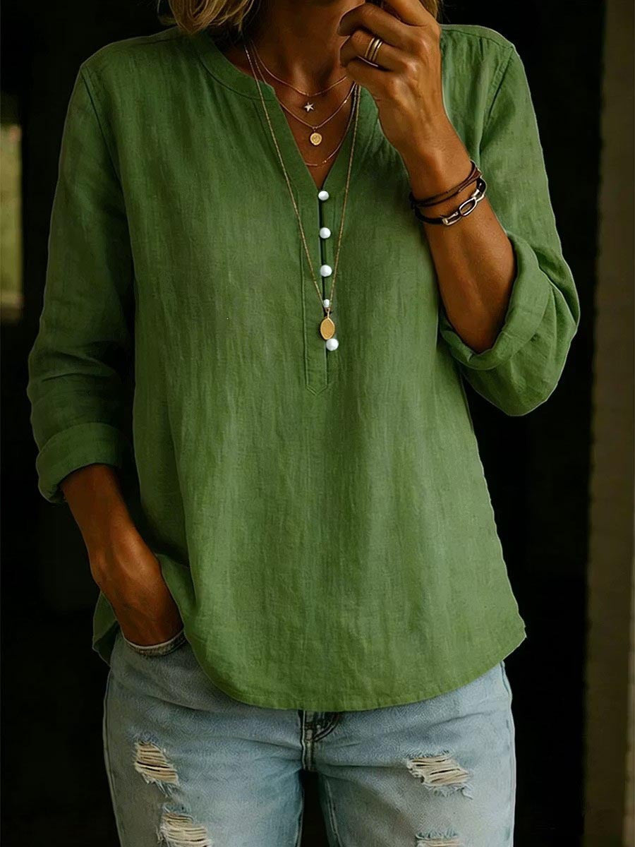 Women's V Neck Long Sleeve Button Cotton Linen Blouse