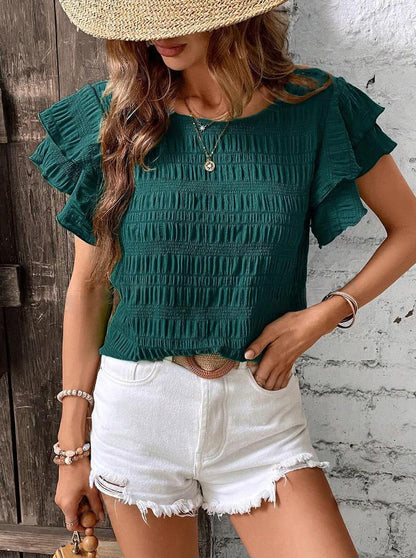 Ruffle Sleeve Crew Neck Casual Summer Blouse Top