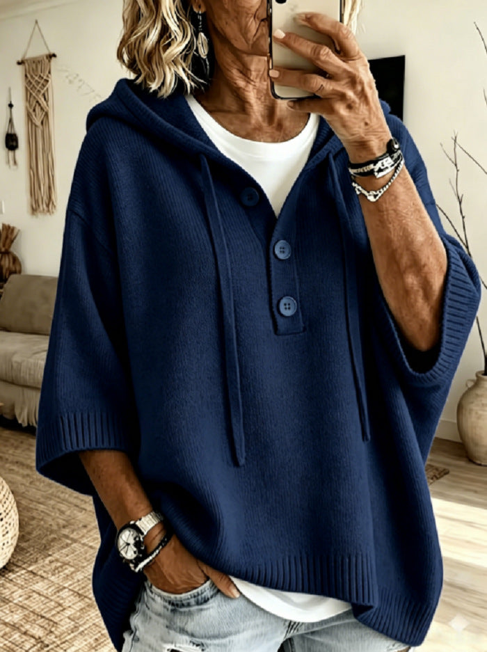 Womens Oversized Hooded Button Knit Sweater