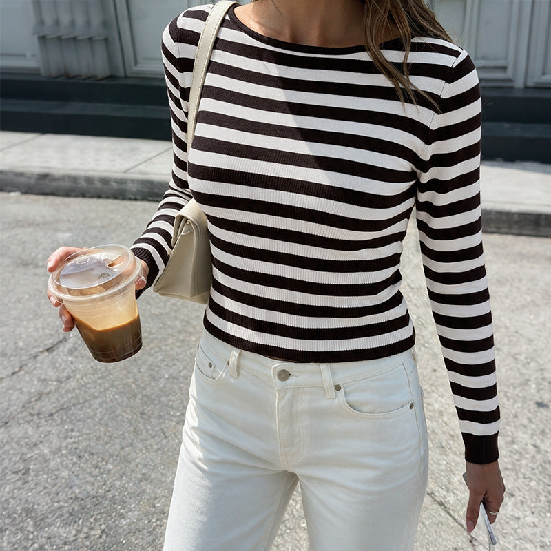 Women's Striped Boat Neck Long Sleeve Knit Sweater