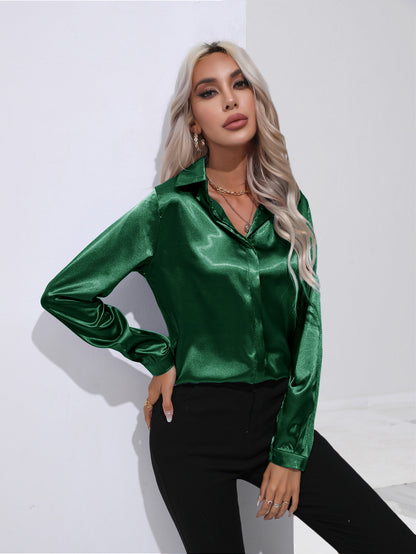 Women's Satin Long Sleeve Collared Blouse