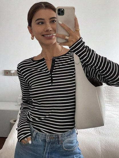 Striped thermal Henley top long sleeve fitted style