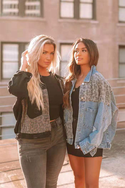Women's Leopard Patchwork Denim Jacket Button Up Casual