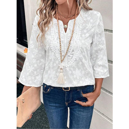 Women's Floral Embroidered Lace V Neck 3/4 Sleeve Blouse