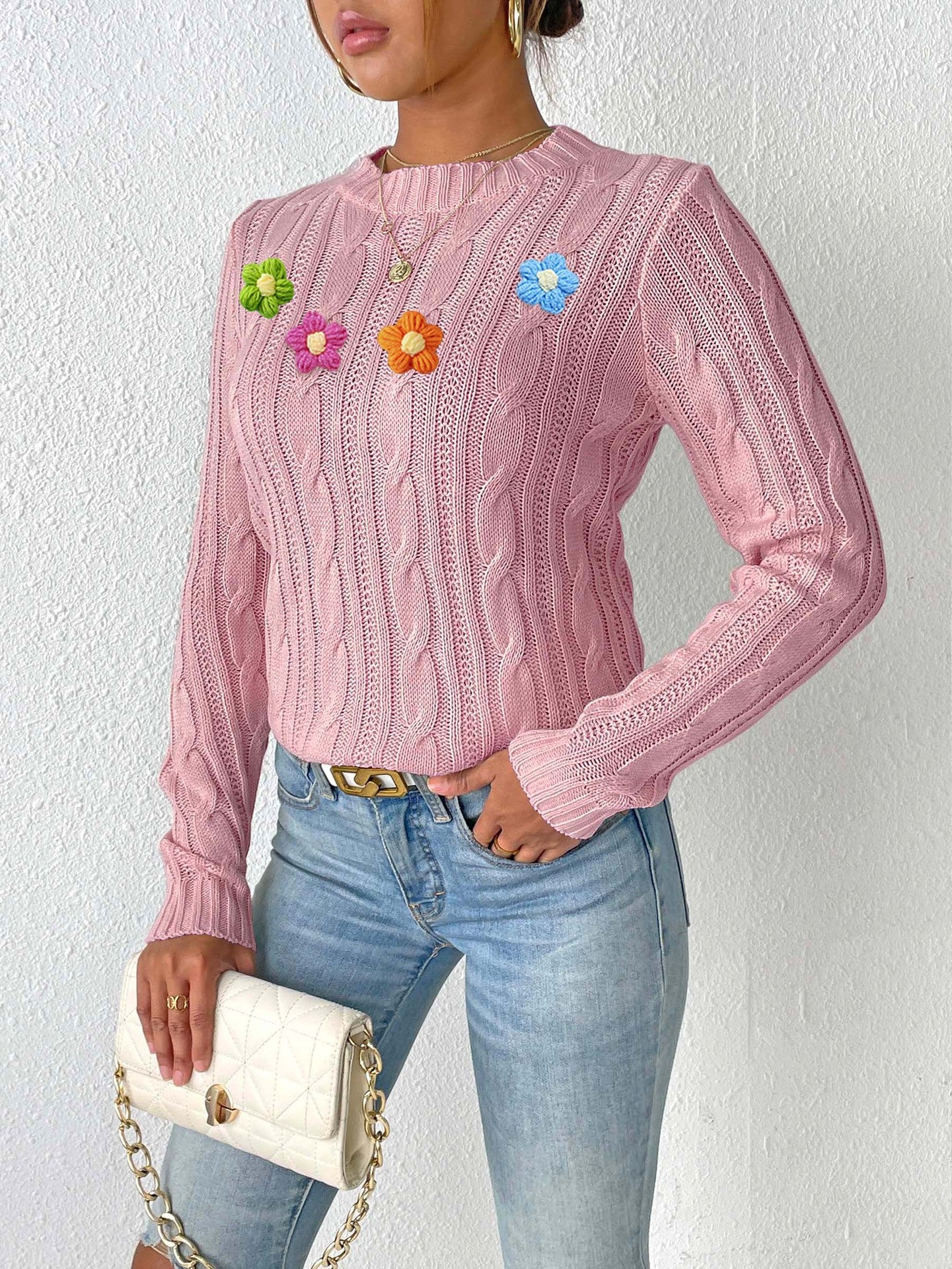 Crochet Flower Cable Knit Sweater | Cozy Fall/Winter Top