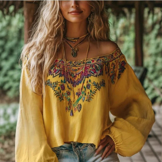 Women's Boho Off Shoulder Lantern Sleeve Floral Tribal Top