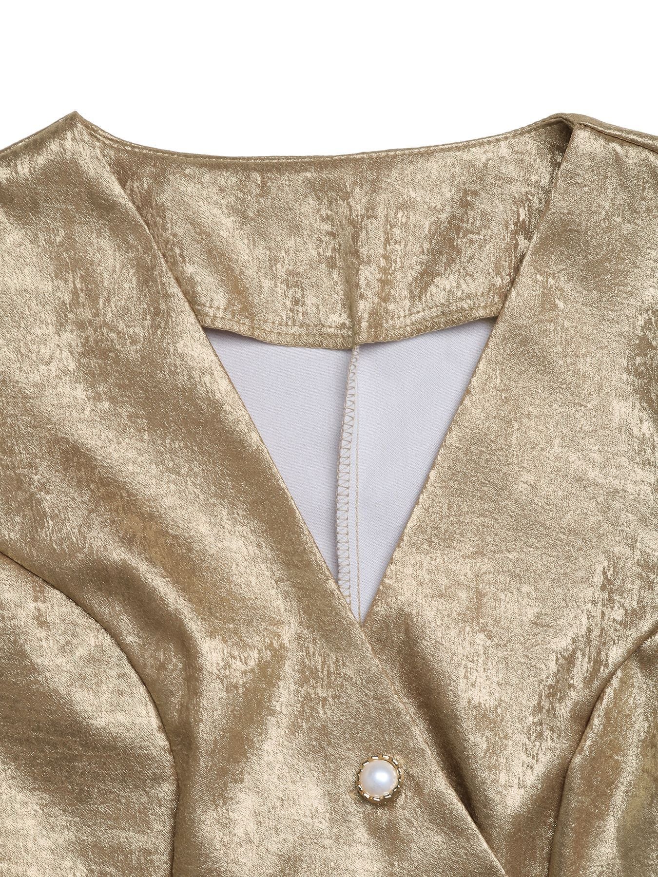 Metallic Gold Blazer V Neck Button Slim Jacket