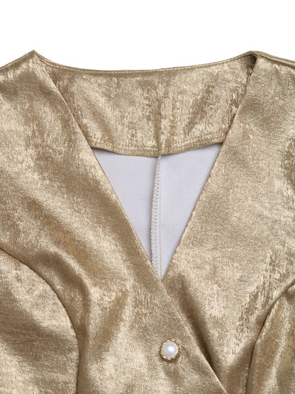 Metallic Gold Blazer V Neck Button Slim Jacket