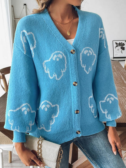 Halloween Ghost Print V-Neck Cardigan | Cozy Knit Sweater