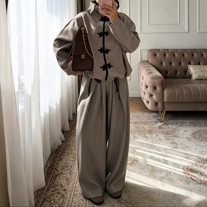 Chinese Frog Button Two Piece Set Wide Leg Pants