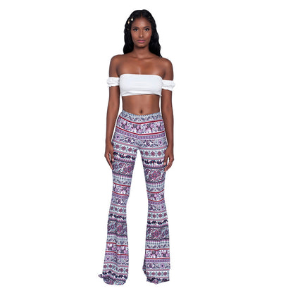 Women's Boho Printed Stretch Flare Pants Bell Bottoms