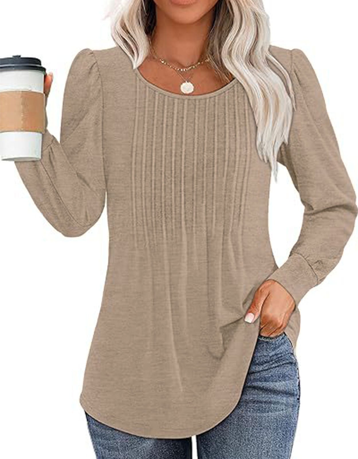 Solid Cotton Pintuck Blouse Long Sleeve Work Top