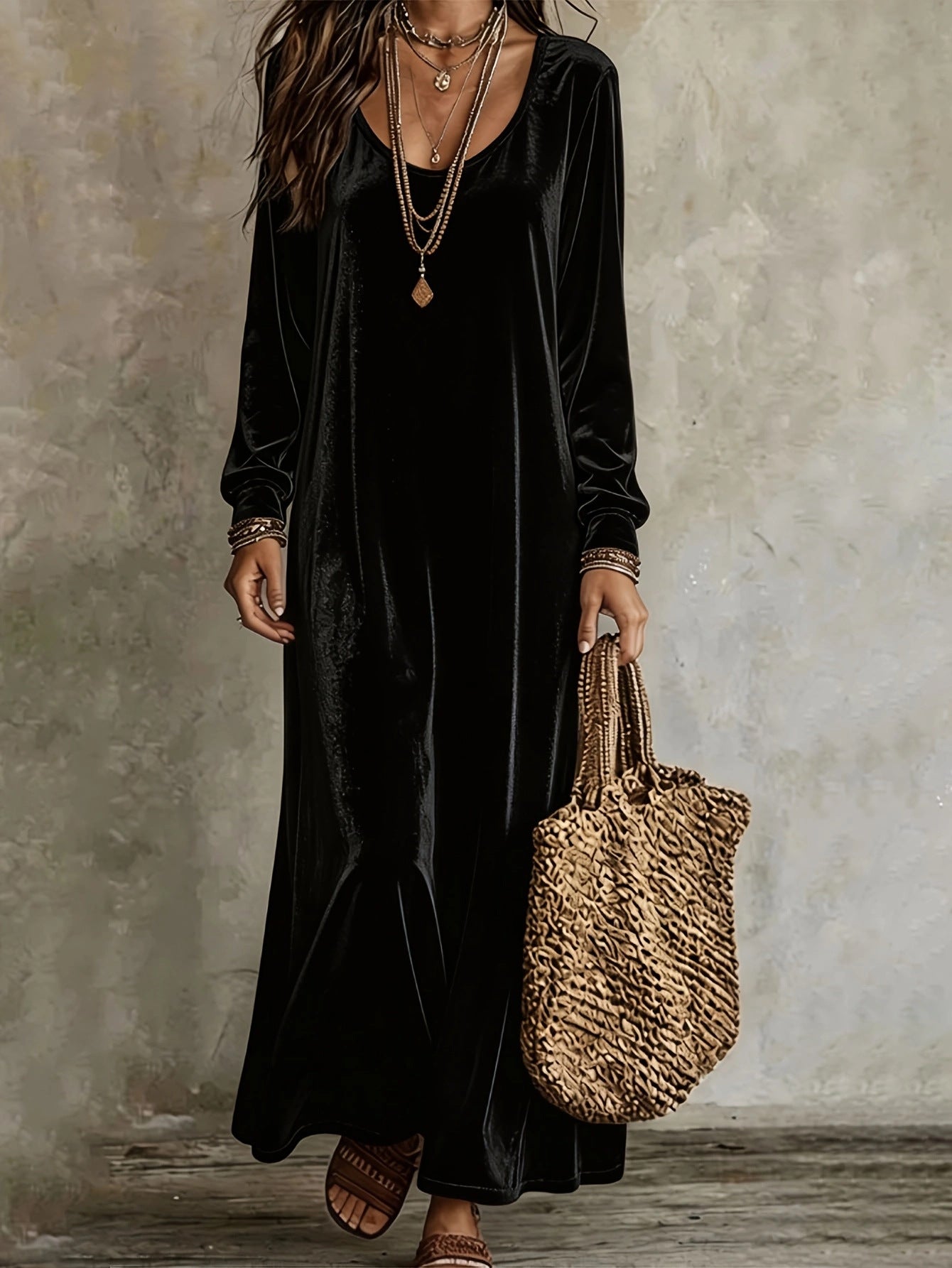 Velvet Maxi Dress Long Sleeve Vintage Boho Casual
