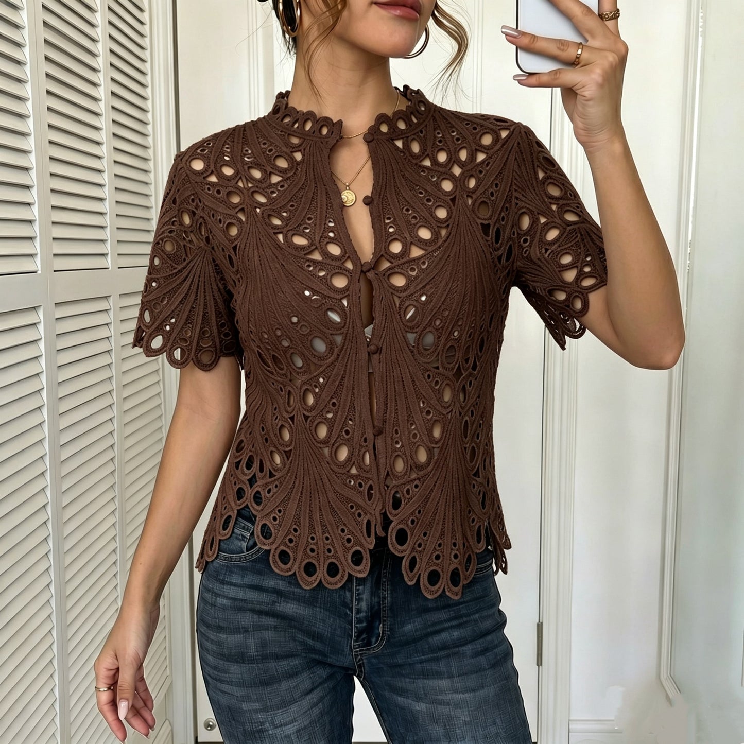 Women's Crochet Lace Button Front Blouse with Bell Sleeves