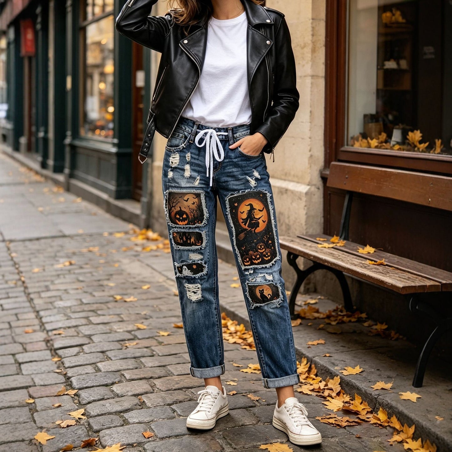 Womens Halloween Patchwork Distressed Straight Leg Jeans