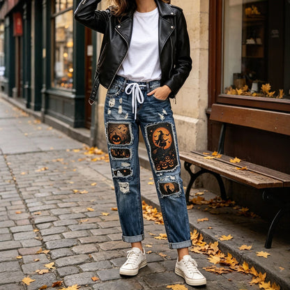 Womens Halloween Patchwork Distressed Straight Leg Jeans