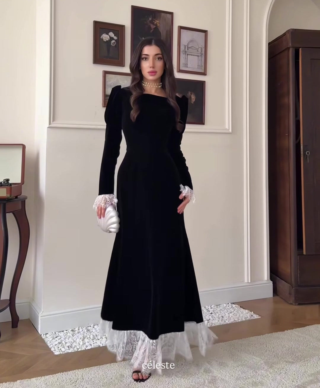 Velvet Maxi Dress Square Neck Lace Trim Long Sleeve