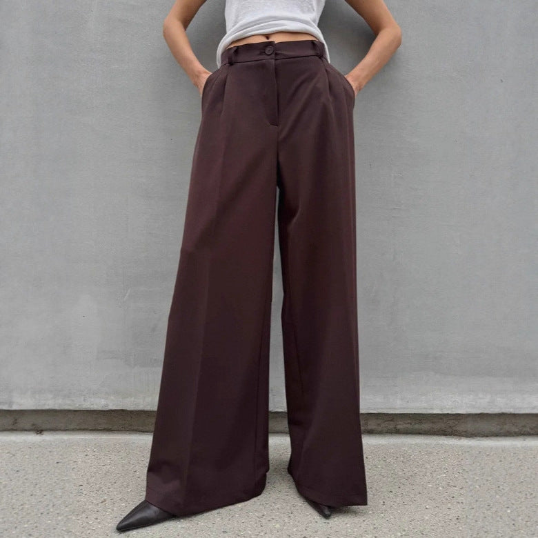 Women's Mocha Brown Pleated High Waist Wide Leg Trousers