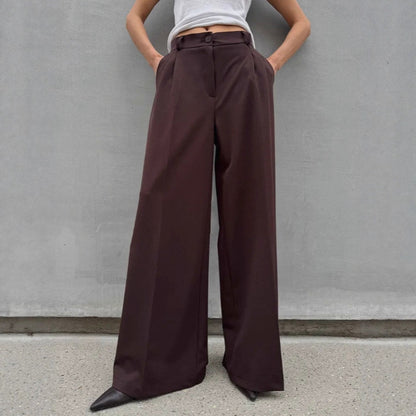 Women's Mocha Brown Pleated High Waist Wide Leg Trousers