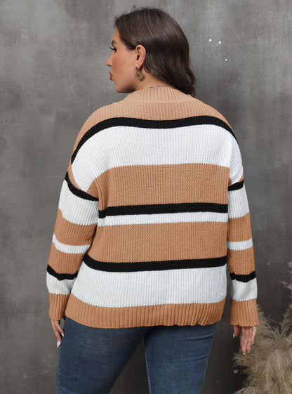 Women's Sweater V-neck Contrasting Color Splicing Loose Pullover Sweater