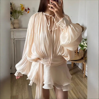 French Puff Sleeve Ruffle Mini Skirt Two Piece Set